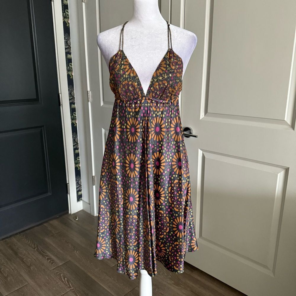 Y2K Vintage LaROK Boho Silk Floral A-line Mini Dress Size S